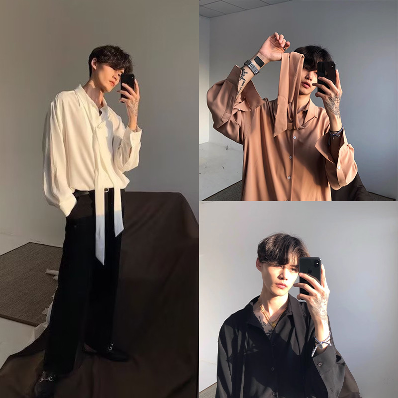 ใหม่ที่ถอดออกได้ ผูก ท็อปส์ซู ผู้ชายออกแบบหลวมเสื้อผู้ชายสไตล์เกาหลีอินเทรนด์สีทึบแขนยาวเป็นกลางม-3เอ็กแอล