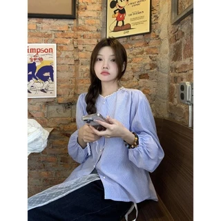 Cuites 🔥 เสื้อเชิ้ตแขนยาวผู้หญิงสไตล์เกาหลี ลายทาง สีพาสเทล เกาหลีแฟชั่นผู้หญิง W531