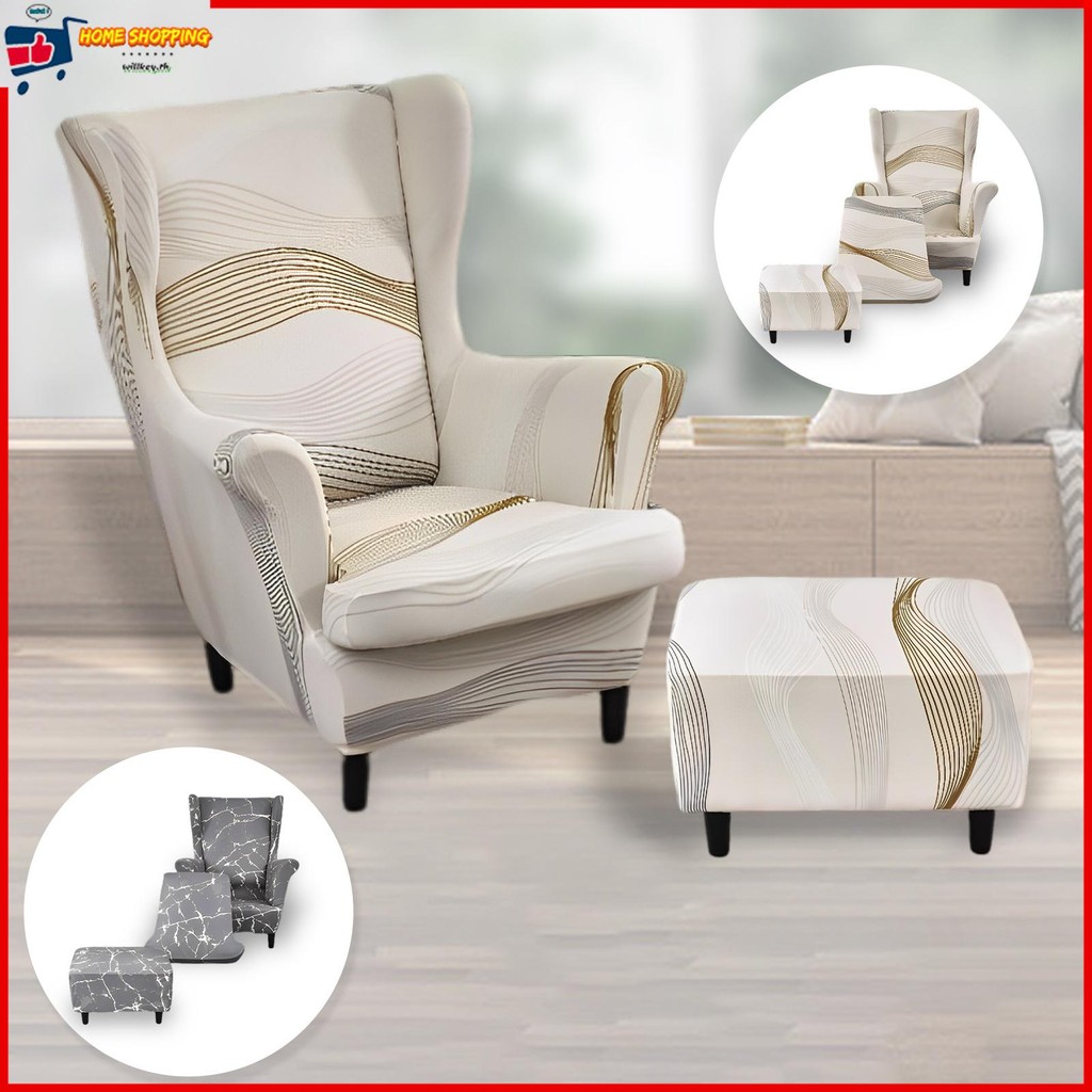 Wingback Chair Slipcover Stretch Wingback Chair โซฟา Slipcover with Cushion Cover and Ottoman Cover 