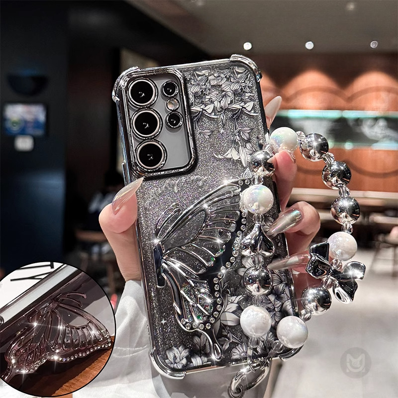 ปลอกสําหรับ Samsung Galaxy S26 S25 S24 S23 S22 Ultra Plus FE Glitter ผีเสื้อกันกระแทกนุ่มเคสโทรศัพท์พร้อมสายคล้อง