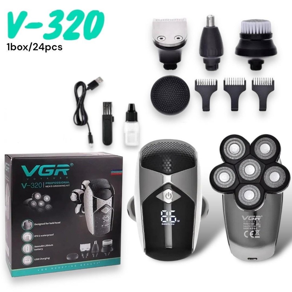 เครื่องโกนหนวดไฟฟ้า6หัวสีทอง พร้อมเจอLED กันน้ำ IPX6 VGR V-320