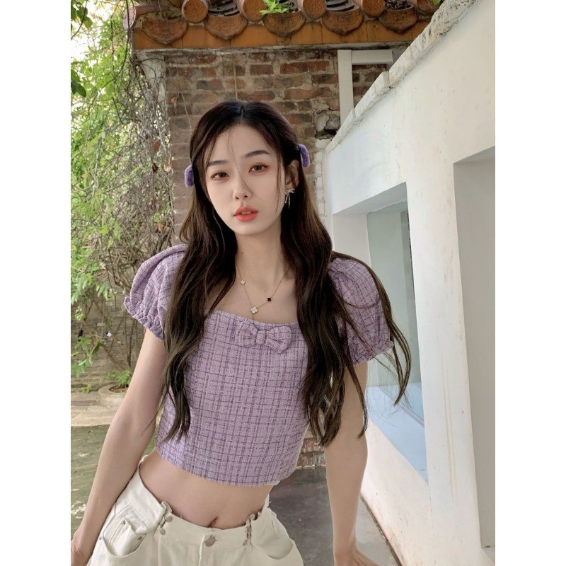 shayne-เสื้อสุภาพสตรี ปลอกคอสแควร์ สีทึบ ผีเสื้อ ปม ประเภทกระบอกตรง หวาน ความเรียบง่าย สาวฮอต แฟชั่นฤดูร้อน