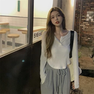 PX เสื้อผู้หญิงแขนยาว เสื้อลำลองคอกว้าง ปลายยูพรางหุ่น เนื้อผ้าร่องเล็ก นุ่มสบาย แมทช์ง่าย Lady Women