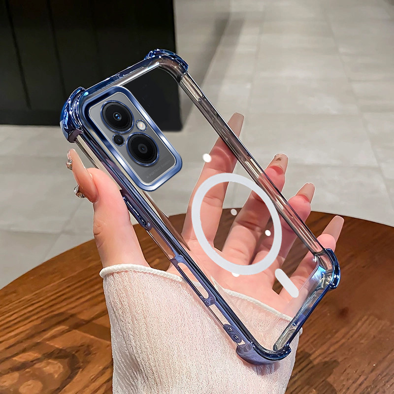 เคสสําหรับ OPPO Reno 7Z 8Z แม่เหล็กไร้สายโปร่งใสสี่มุมดูดซับแรงกระแทกเลนส์ป้องกันเคสโทรศัพท์ SJSFDDR