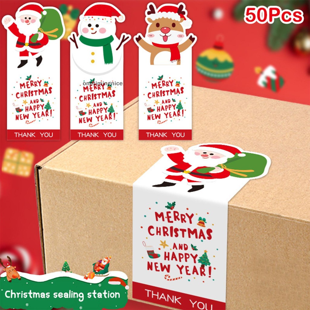 Onetimingnice 50pcs Merry Christmas สติกเกอร์สี่เหลี่ยมผืนผ้าคริสต์มาสของขวัญกล่องตกแต่งสติกเกอร์ซีลน่ารัก Santa สติกเกอร์เครื่องเขียน Onetimingnice
