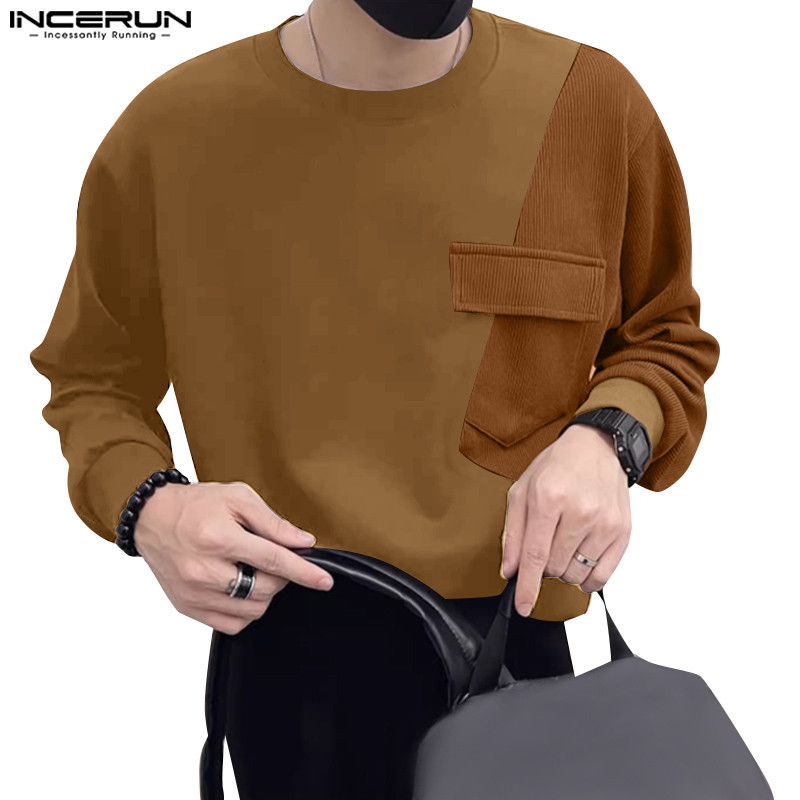 ไม่แน่นอน ผู้ชายแฟชั่นเกาหลีเย็บปะติดปะต่อกันบล็อกสีรอบคอเสื้อยืดแขนยาว