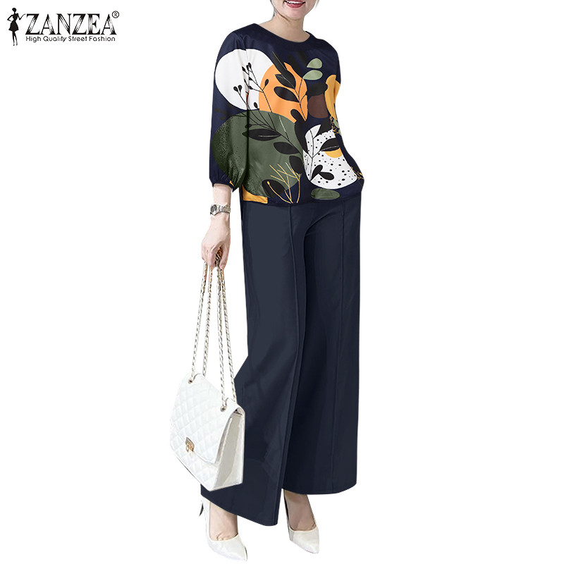 ZANZEA ใส่ ซานเซีย ผู้หญิงเกาหลีสบายๆรอบคอพิมพ์แขนโคมไฟกระเป๋ากว้างขาท็อปส์กางเกง