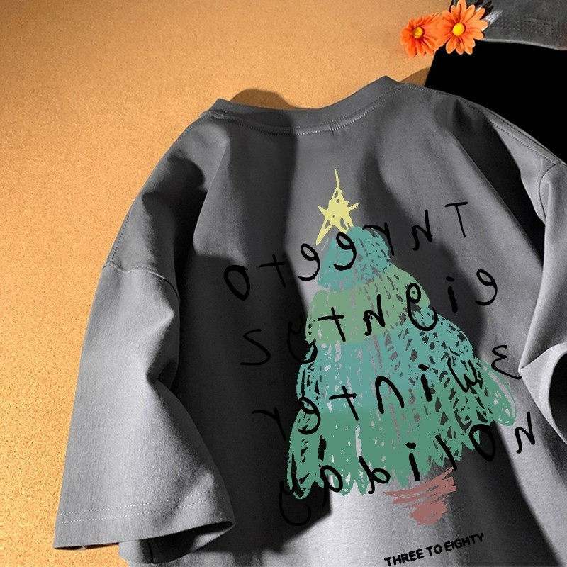 (จัดส่งตลอด 24 ชั่วโมง)Woo Right ผ้าฝ้าย100 เสื้อ christmas oversize พิมพ์ลายต้นไม้คริสต์มาส 9685