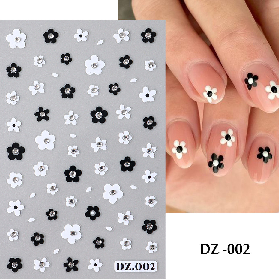 3D สีขาวและสีดําดอกไม้เล็บสติกเกอร์ Rhinestones ตกแต่งเล็บรูปลอก DZ-002