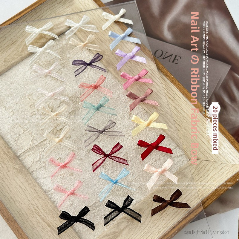 อุปกรณ์ตกแต่งเล็บ โบว์ริบบิ้นออร์แกนซ่า 20 ชิ้น / ตกแต่งเล็บด้วยริบบิ้นลูกไม้ / เครื่องประดับแฮนด์เมดผ้าสีผสม