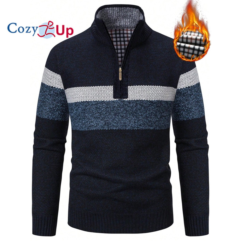 Cozy Up Mens Color Block Quarter Zip Thermal Lined Sweater