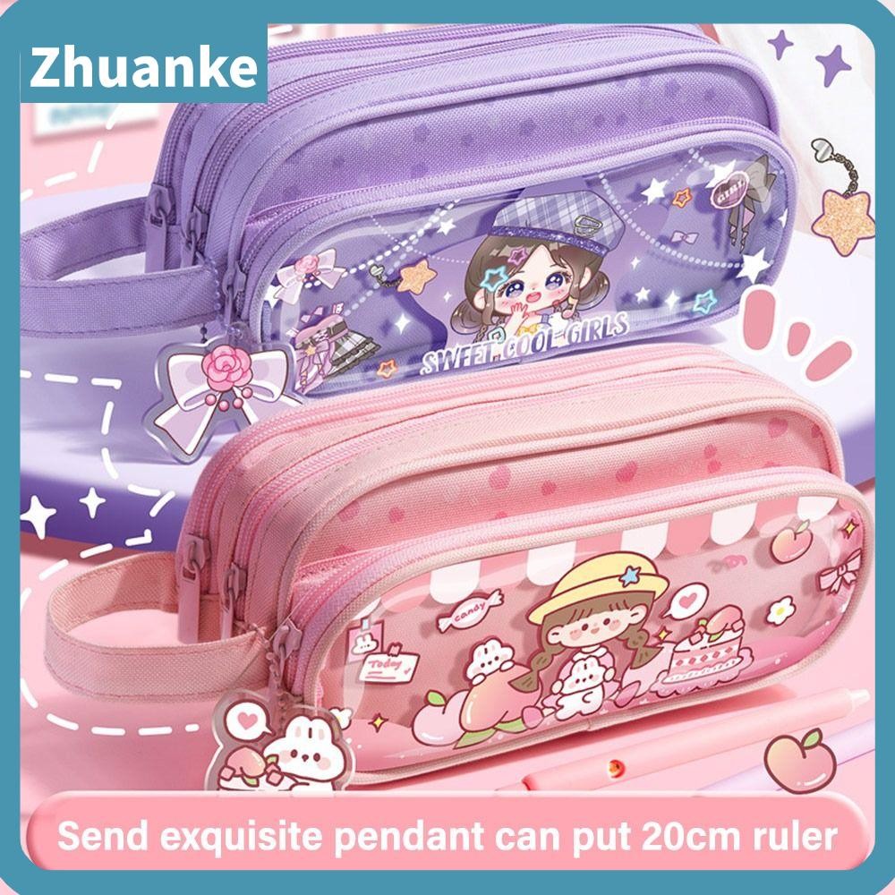 Zhuanke กล่องดินสอ, กระเป๋าใส่ปากกาสามชั้นกันน้ํา, ความจุขนาดใหญ่โปร่งใสแบบพกพาดินสอนักเรียนของขวัญ