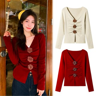 KOKO#ย้อนยุคฝรั่งเศส ดอกกุหลาบสีแดงสามมิติ แขนยาวคอวีของผู้ห…