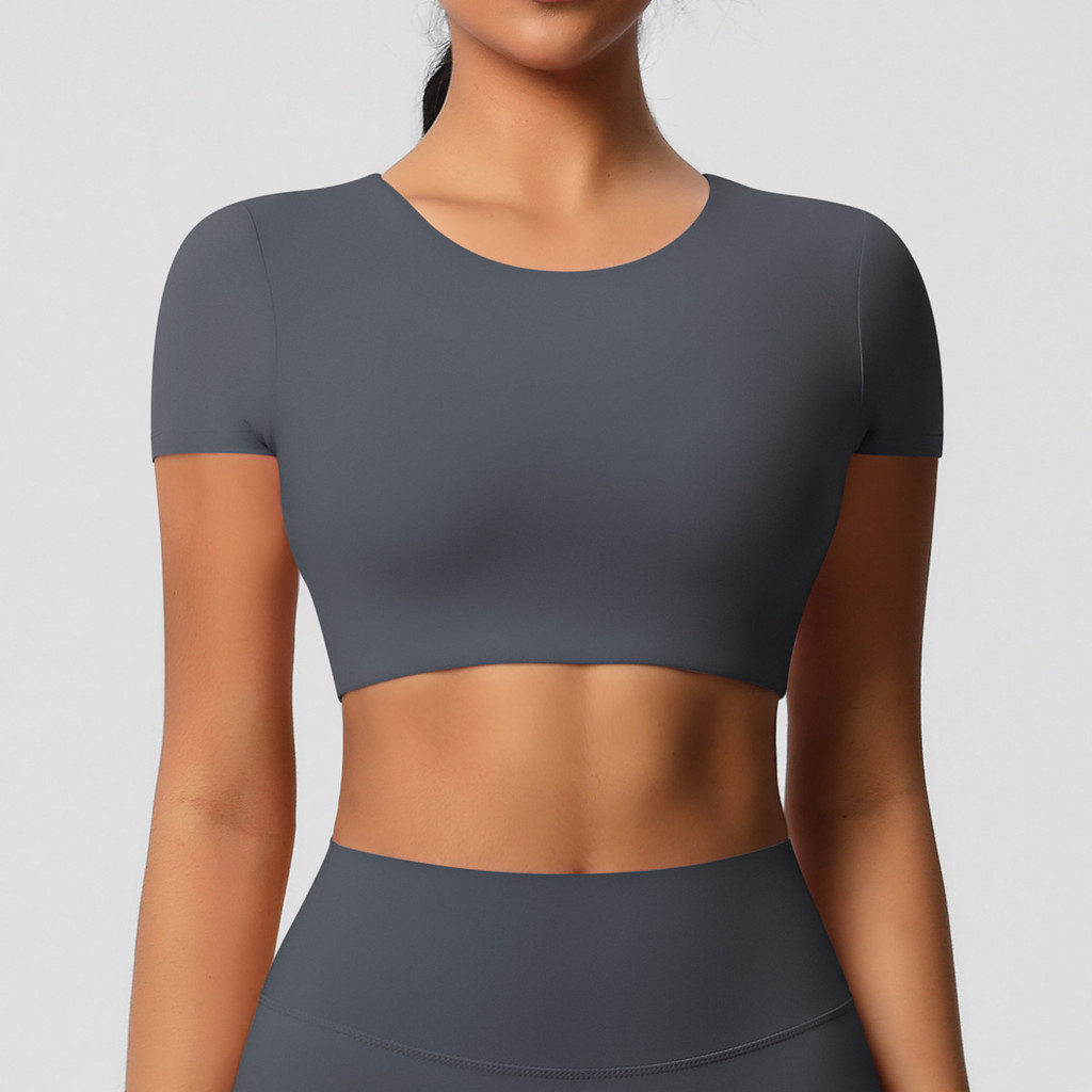 Yoga Sports T-shirt Padded Crop Top Short Sleeves Moisture-wicking — صورة 7