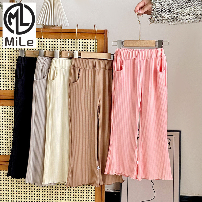 [ML] 90-140cm Girls Flared Pants All-Match ฤดูร้อนเด็กกางเกงลําลองสไตล์บางกางเกงผ้าไหมน้ําแข็งสไตล์เจ้าหญิงกางเกงขากว้างขอบเชื้อรา