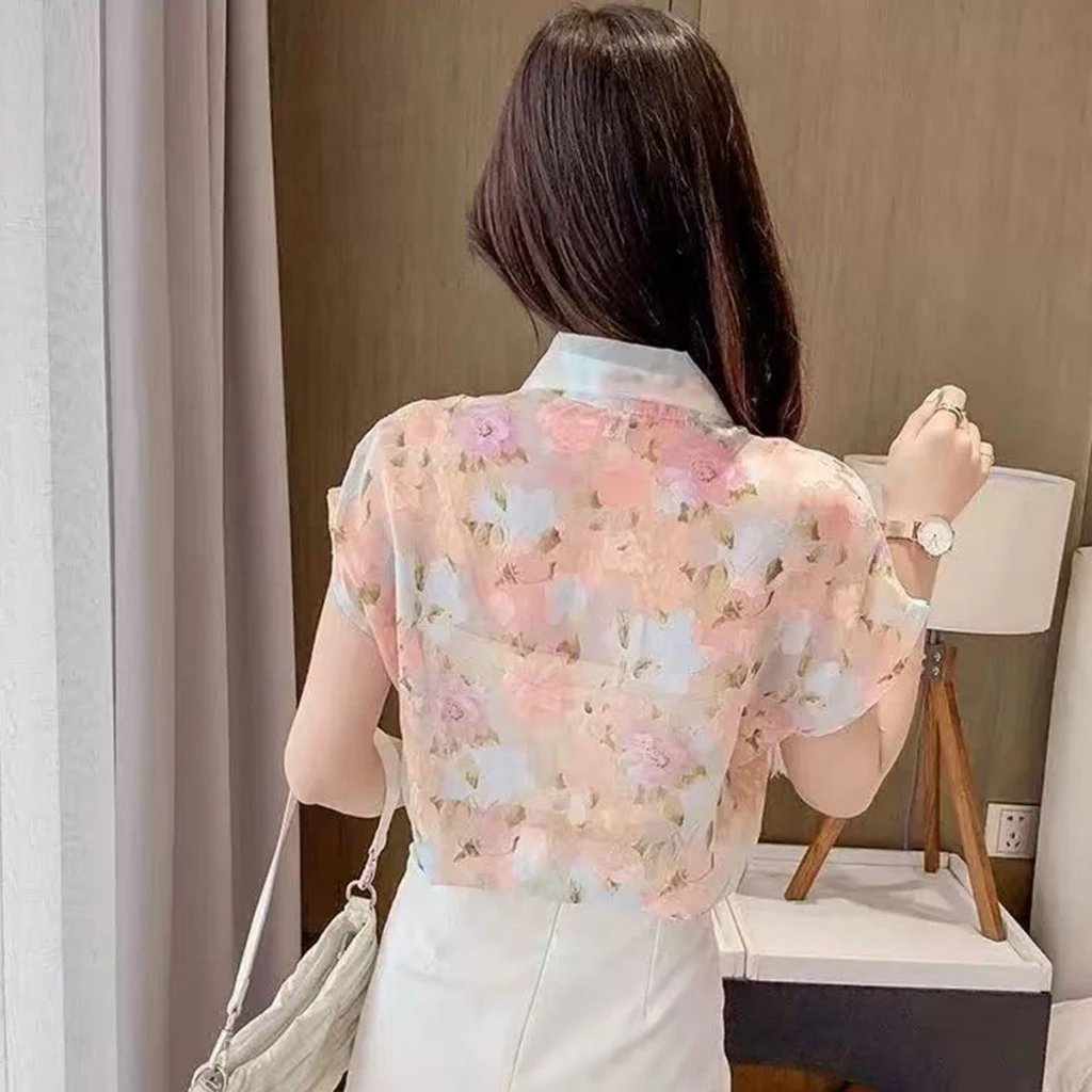เสื้อเชิ้ตฮาวายคอบัว แขนสั้น ลายดอกไม้ ผ้าชีฟอง thumbnail 8