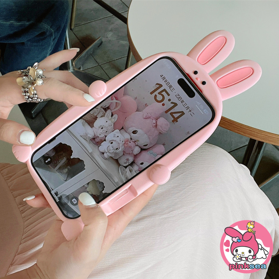 เคสโทรศัพท์ที่รองรับ iPhone 16 15 14 13 12 Pro Max น่ารัก 3D สีชมพูแรบบิทแรบบิทแร็คเก็ตซิลิโคนอ่อนนุ่มป้องกันการตกฝาครอบด้านหลัง