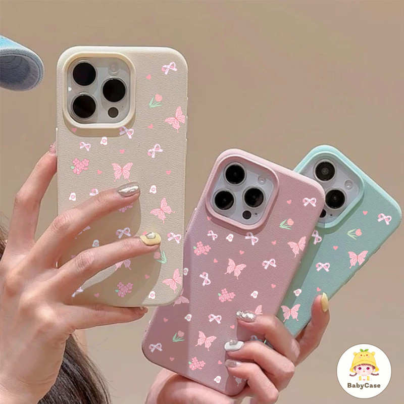 เคสไอโฟน 16 สำหรับ iPhone 11 15 13 16 14 12 Pro Max 8 7 15 14 Plus XR XS X Max ปกดอกไม้โบว์ผีเสื้อแสนโรแมนติกและสดชื่น