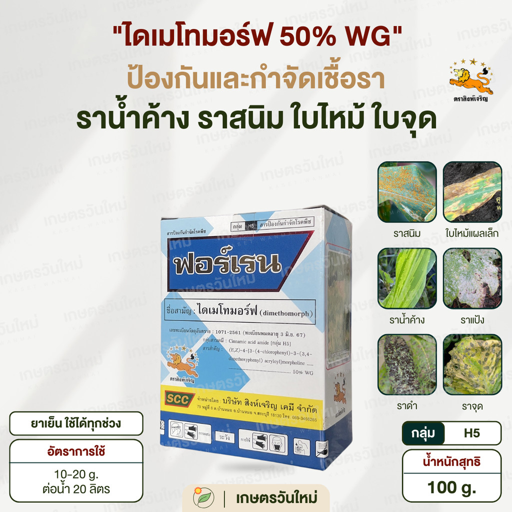 ‍  ฟอร์เรน (ไดเมโทมอร์ฟ 50%) ยับยั้ง กำจัด เชื้อรา โรคราน้ำค้าง โรคใบไหม้ ใบจุด ข้าวโพด แตง ข้าว 100 g. / สิงห์เจริญ