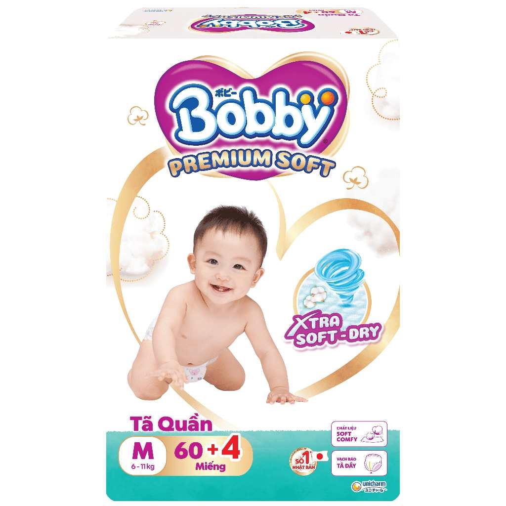 Super SOFT BOBBY EXTRA SOFT DRY กางเกงผ้าอ้อมพรีเมี่ยม M60/ L56/ XL52/XXL48 ฟรีชิ้น