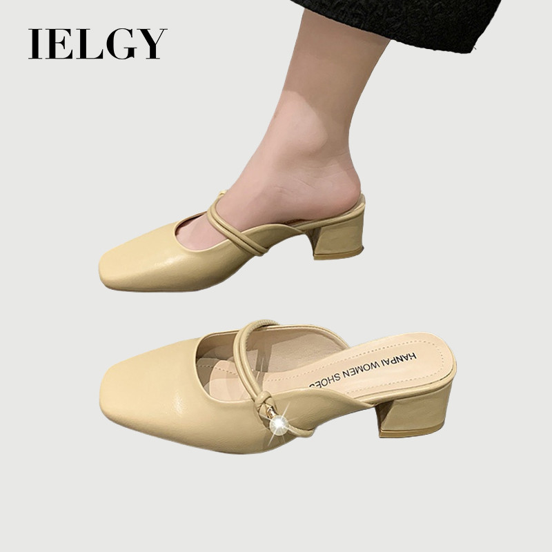 IELGY แฟชั่นฤดูร้อนของผู้หญิง Pearl Square Toe Chunky Heel รองเท้าส้นสูง Slip-On Mules รองเท้าแตะ