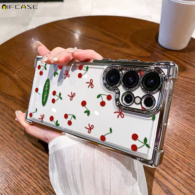 SAMSUNG สําหรับSamsung Galaxy S25 S24 S23 Plus Ultra FE S25 + S24 + S23 + เคสโทรศัพท์สีแดงเชอร์รี่ผลไม้Bowknot Bow Tieน่ารักชุบกันกระแทกโปร่งใสนุ่มกรณีปกหลัง