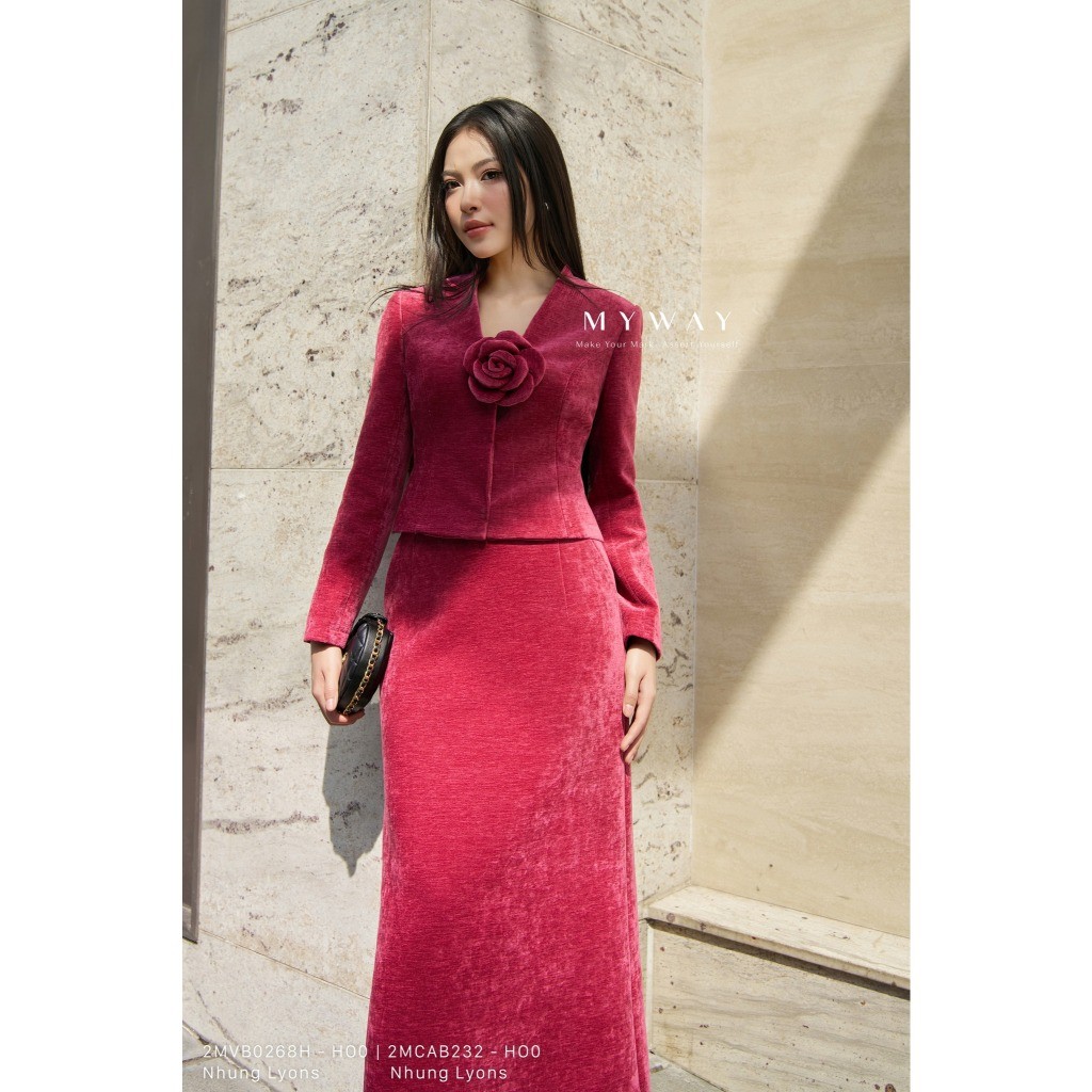 MY WAY ชุดเสื้อกั๊กและกระโปรงผู้หญิง A-Line คอเต่ากํามะหยี่ดอกไม้หรูหรา 2MVB0268H - 2MCAB232 - HO0