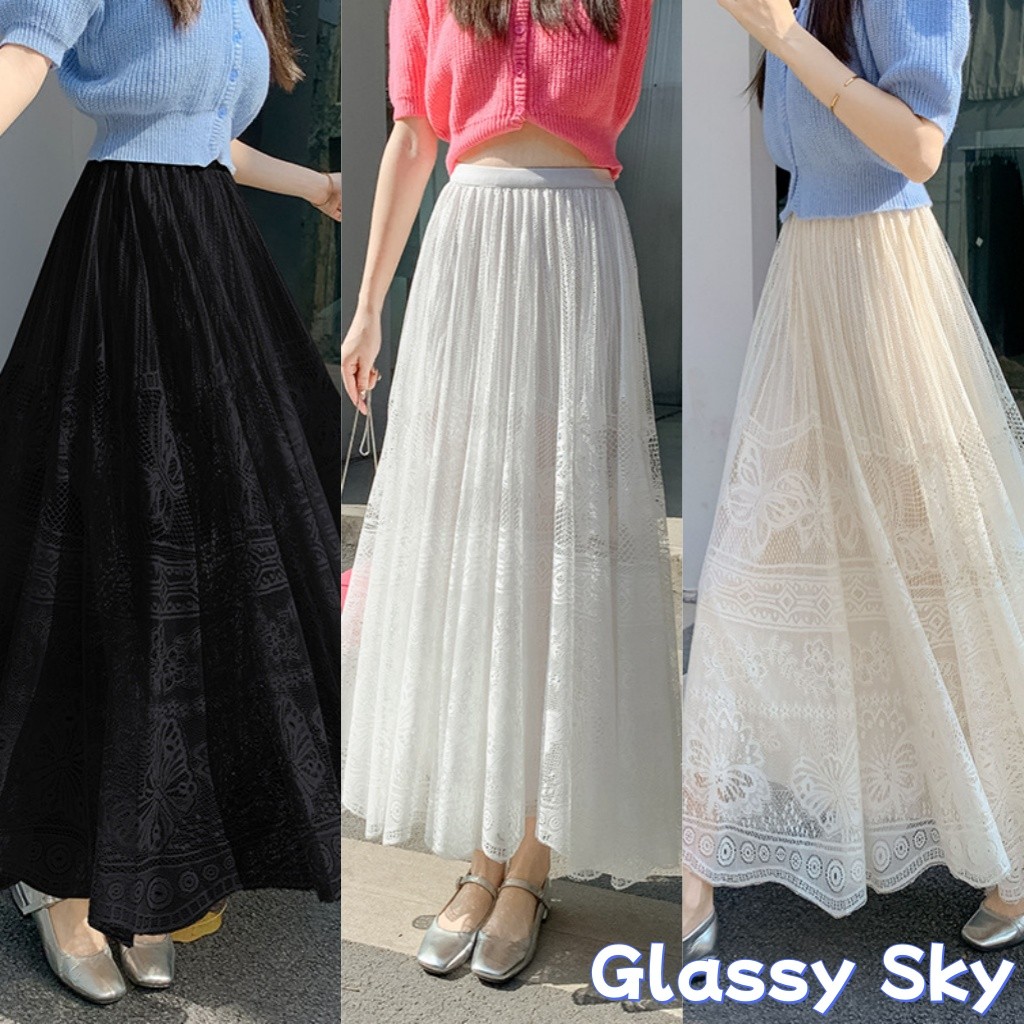 Glassy Sky พร้อมส่ง กระโปรงเอวสม๊อค ลายลูกไม้ สีพื้น ปลายบาน สไตล์ลำลอง (61801)
