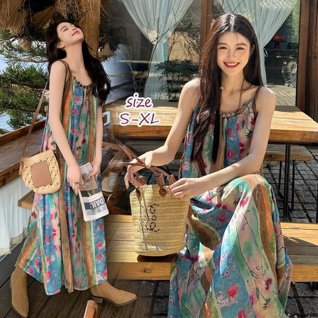 Chili Koko ชุดเดรสผู้หญิง แบบผูกเชือก พิมพ์ลายแนวชนเผ่า สไตล์ลำลอง 99069