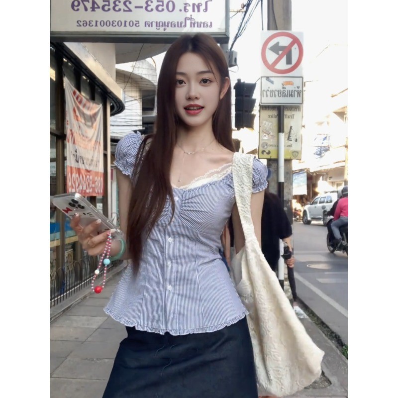 LINNA~คอวี แถบ แขนสั้น เสื้อเชิ้ต เวอร์ชั่นเกาหลี สไตล์ใหม่ แฟชั่น