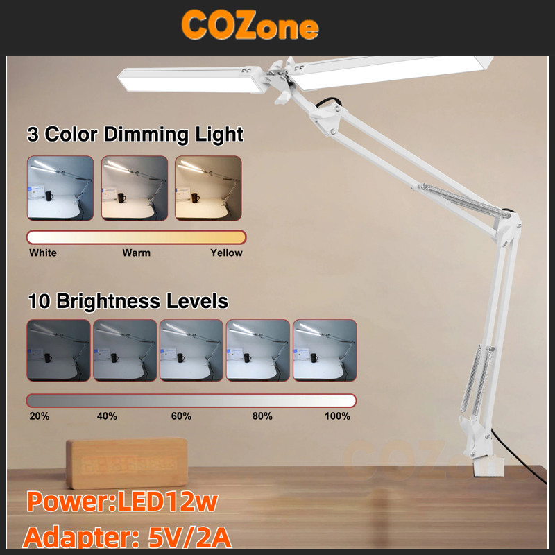 COZone โคมไฟตั้งโต๊ะแขนยาวพับได้สองหัว LEDโคมไฟตั้งโต๊ะลดแสง10สปีดพร้อมแหล่งจ่ายไฟ USBโคมไฟอ่านหนังสือโคมไฟตั้งโต๊ะทำงาน