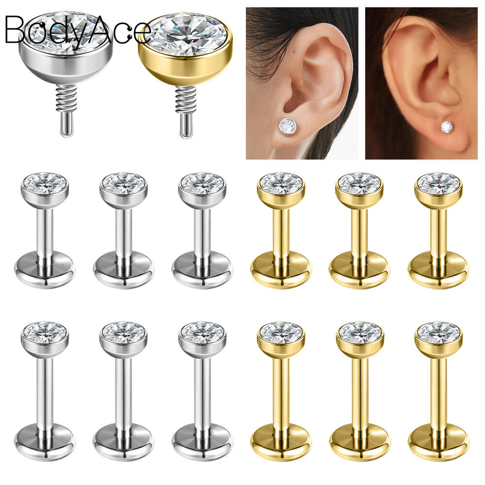 Bodyace ด้ายภายใน Lip Piercing 1 Pc 16G/18G/20G เจาะหูคริสตัลสตั๊ดต่างหู Helix ต่างหูกระดูกอ่อน