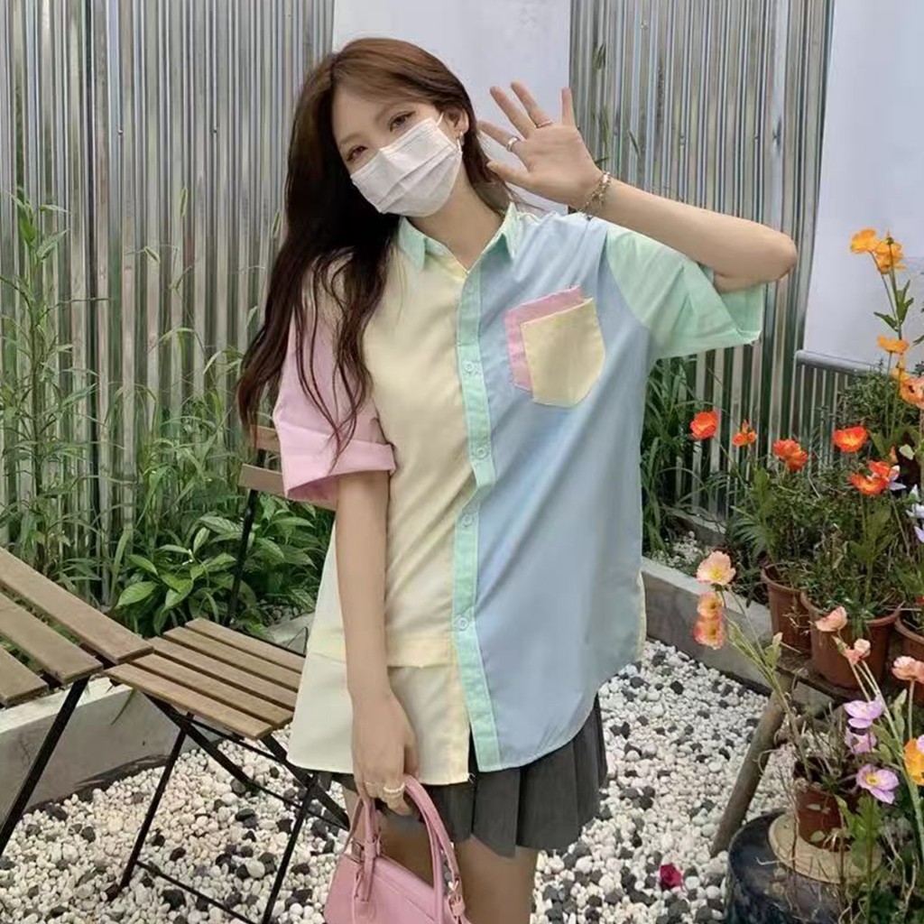 ดีไซน์เก๋ไก๋ เสื้อเชิ้ตเย็บสีรุ้ง แขนสั้น สีตัดกัน สไตล์ญี่ปุ่น เทรนด์ยอดนิยม