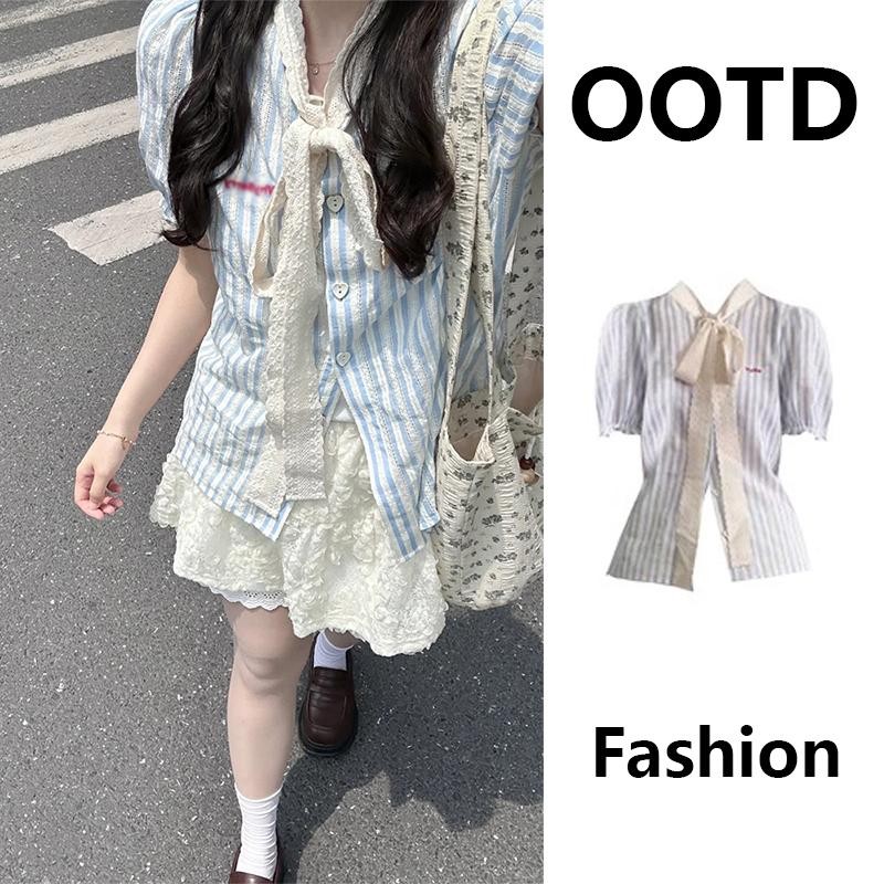 ohho w601 เสื้อลายทาง แขนพอง ผู้หญิงหน้าร้อน แบบใหม่ หวานๆ สไตล์พรีปปี้ เสื้อตัวบน