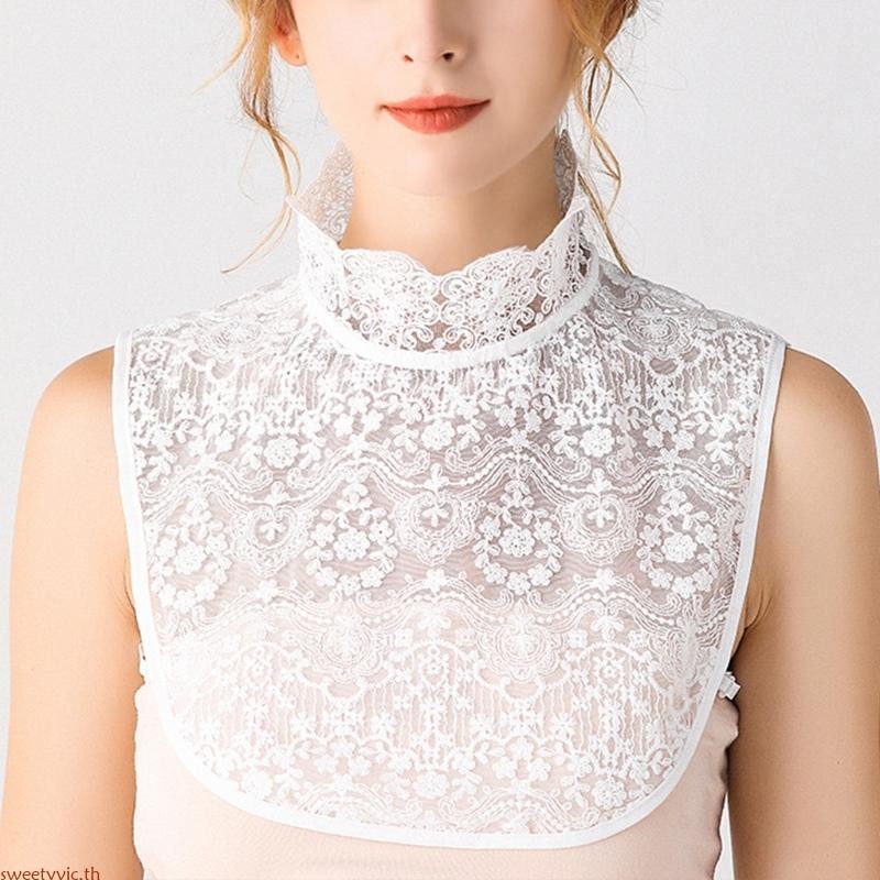 Sweetyvic ผู้หญิง Ruffles คอเต่าตกแต่งปลอมปลอม Sheer ดอกไม้ลูกไม้โค้ง Hem ที่ถอดออกได้ครึ่งเสื้อ Dicke