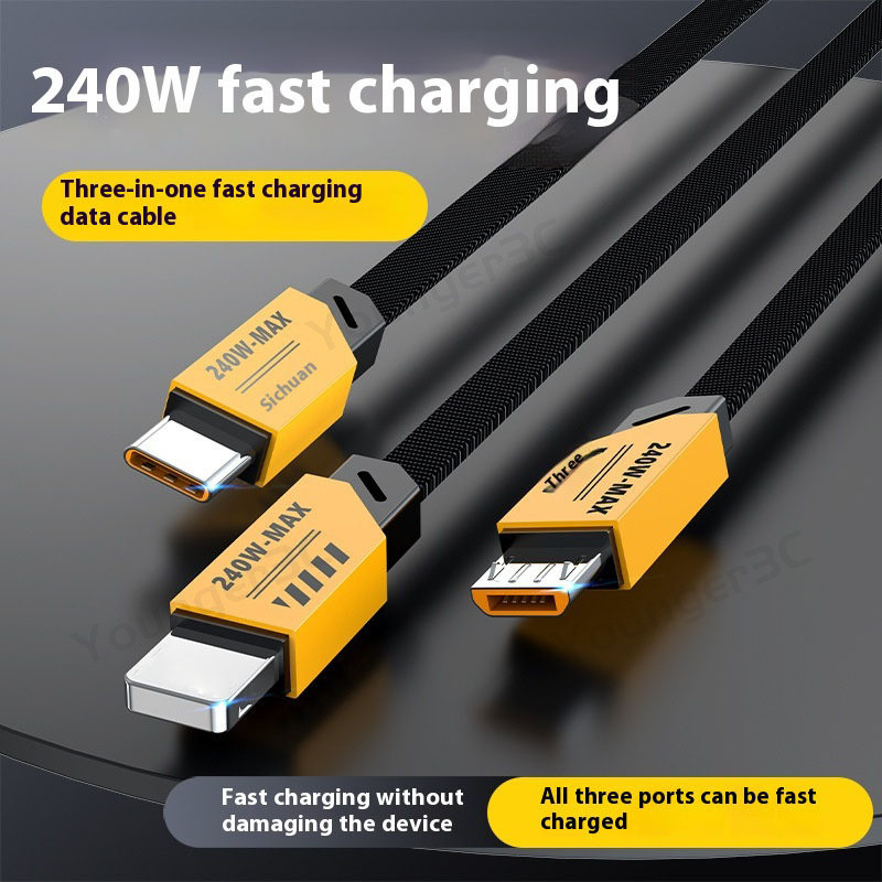3 In 1 Cyber Mech Wind Charger Cable,240W Fast สายชาร์จ,สังกะสีอัลลอยด์ USB Data Line,ไนลอนทอสายชาร์จสําหรับ ios Micro Type C - รูปที่ 3