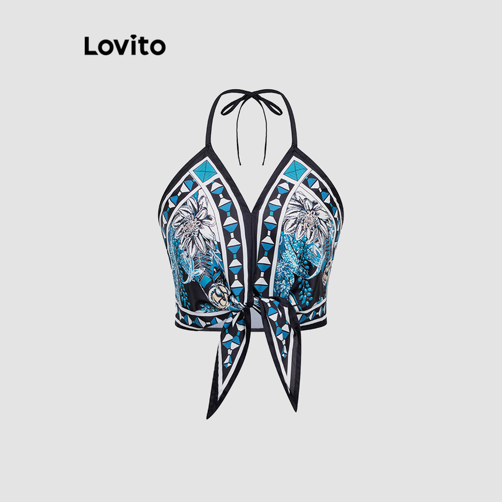 Lovito เสื้อแขนกุดผู้หญิง ลายเพสลีย์ ผูกหน้า สไตล์โบโฮ L91AD235