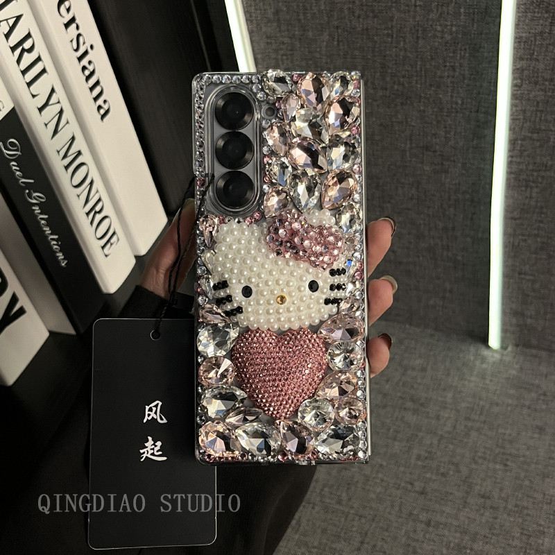 หรูหราแฟชั่นน่ารัก Bling คริสตัลการ์ตูน Love Heart Bow Kt Cat สําหรับ Samsung Galaxy Z พับ 7 6 5 4 3