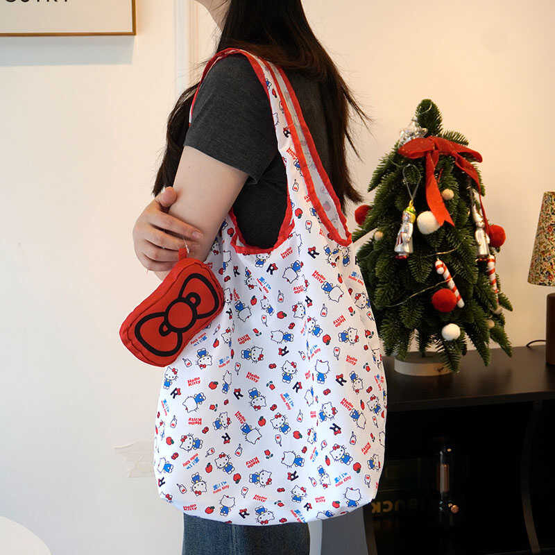 แมวน่ารัก กระเป๋าพับได้ Full Print Shopping Bag Bow Storage Bag กระเป๋าช้อปปิ้งความจุขนาดใหญ่
