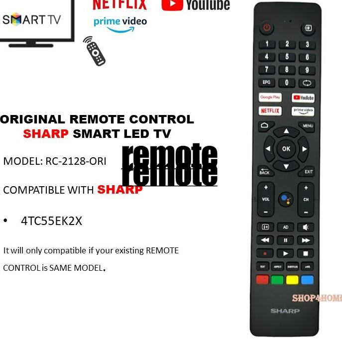 REMOTE SHARP SMART TV ANDROID TV LED TV 2TC32EG2X 2TC42EG2X ANDROID TV 4TC55EK2X