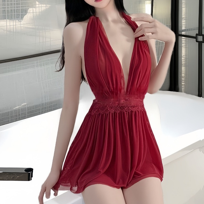Sexy Charm   เดรสลูกไม้ ชุดนอนยั่ว ชุดอยู่บ้าน สีแดง ลูกไม้ฉลุ คอวีลึก ส่งไวจากไทย ราคา ถูกที่สุด ดีลบีเคเค แกลเลอรีภาพที่ 4