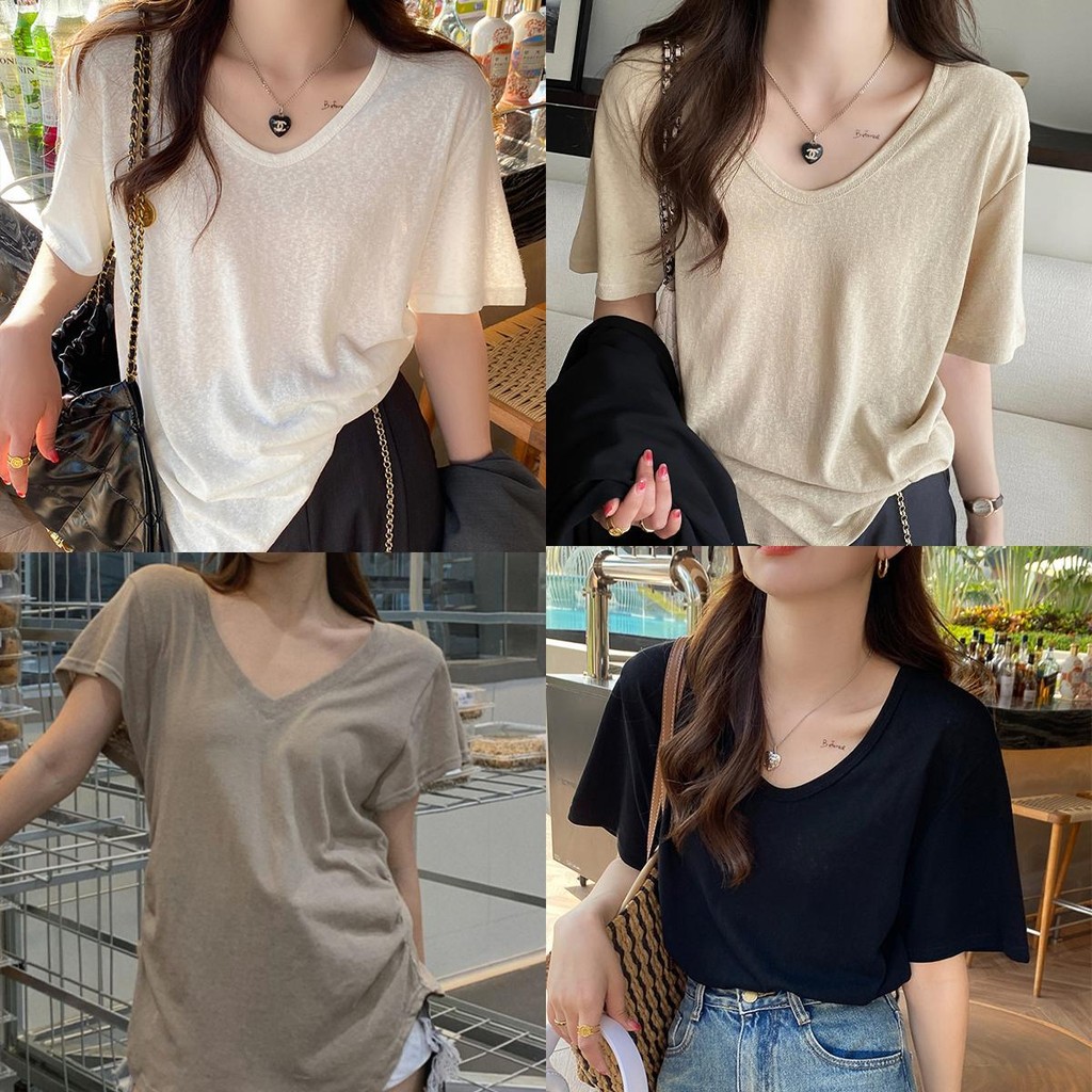 DODO#เสื้อยืดแขนสั้นทรงคอลึก เสื้อยืดคอวีแขนสั้น ผ้าเด้งใส่สบาย สีพื้น 4 สีผ้านิ่มใส่สบาย สี#2672 Women Clothing ผู้หญิง