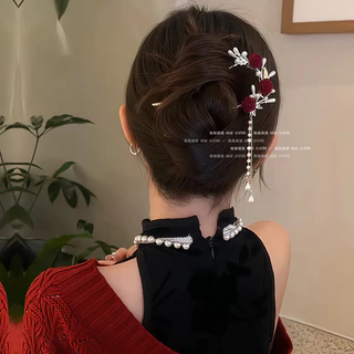 ใหม่สไตล์จีน Red Rose U-Shaped Hairpin หญิงกลับหัว Hairpin Handy เครื่องมือ Ball Hairpin ปีใหม่ Headdress
