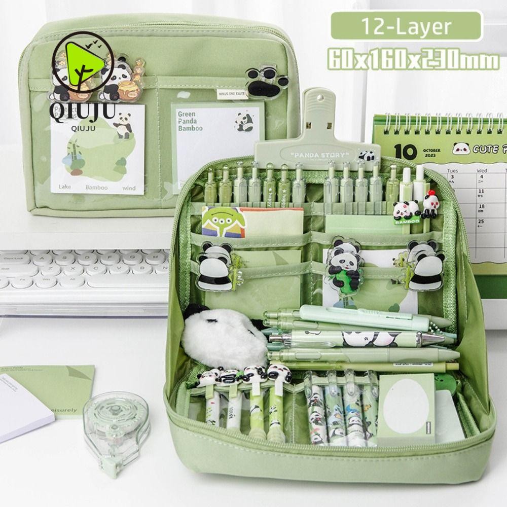 Qiuju กระเป๋าดินสอ 12 ชั้น มีซิป เปิดได้ 90 องศา อเนกประสงค์ สําหรับนักเรียน