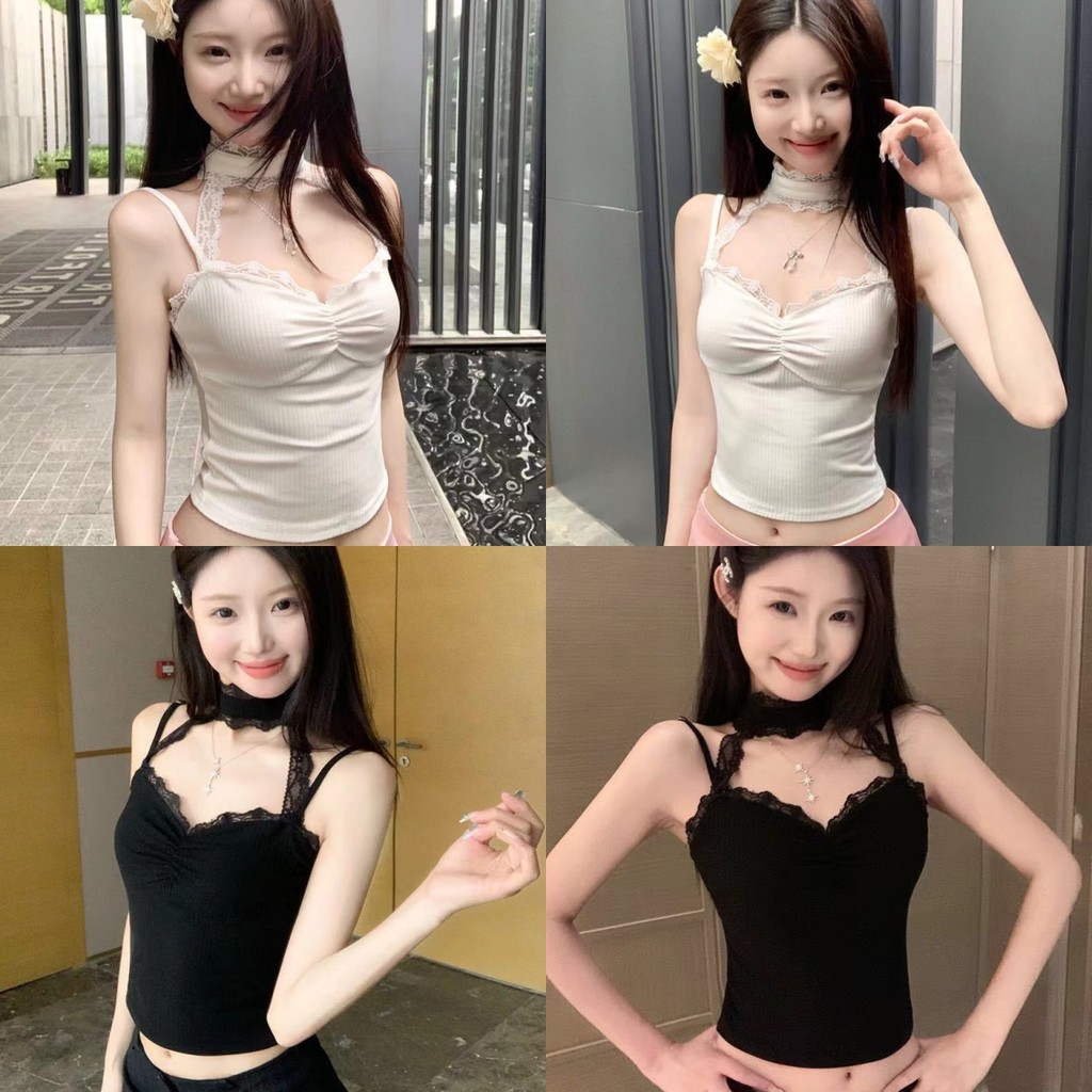 Bonnie ​เสื้อสายเดี่ยว มีฟองน้ำ แต่งลูกไม้ เซ็กซี่ น่ารักมากๆ ดีเทลแต่งสายโชเกอร์ สไตล์ลำลอง#FY1814