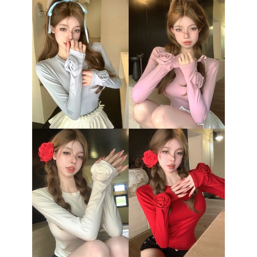 ปีใหม่ความรู้สึกระดับไฮเอนด์ดอกไม้สามมิติสีแดง จุดต่ําสุด เสื้อยืดผู้หญิงต้นฤดูใบไม้ร่วงรูปแบบใหม่เวอร์ชั่นเกาหลีสลิมฟิตสาวร้อนนิ้