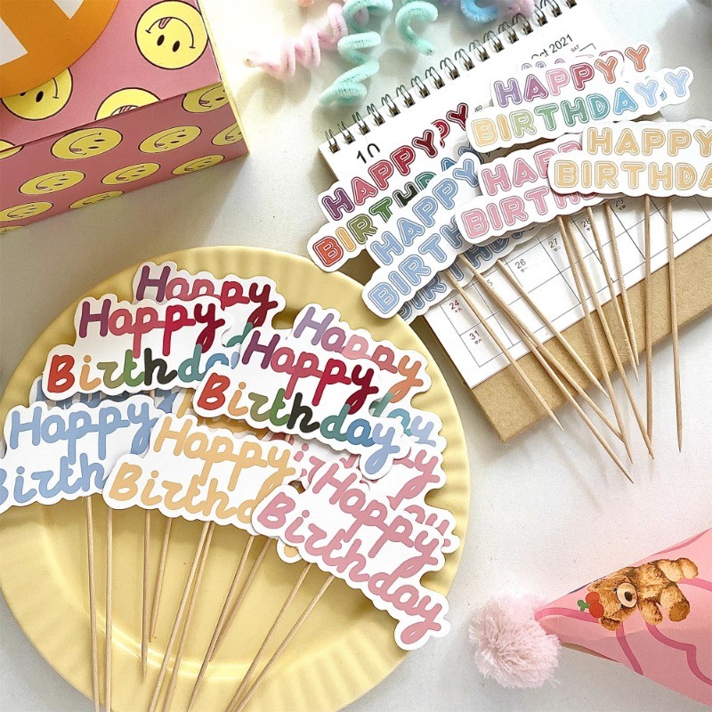 6ชิ้นสไตล์เกาหลีที่มีสีสันเค้กวันเกิดปลั๊กอินธงเค้กตกแต่งสุขสันต์วันเกิดแบนเนอร์ชุด