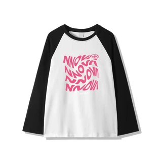 MKL เสื้อยืดแขนยาว คอกลม ทรงหลวมขนาดใหญ่ สีพื้น พิมพ์ลายอักษรสีชมพู แฟชั่นฤดูใบไม้ผลิและฤดูใบไม้ร่วง #B018