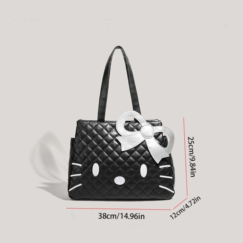 กระเป๋าสะพายแมวคิตตี้ IVORY, กระเป๋าถือการ์ตูนหนัง PU Bow, Casual Japanese Style Anime Large Capacity KT Cat Tote Bag Student