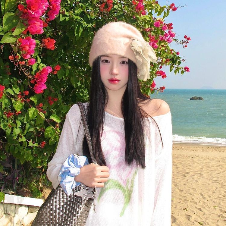 ผู้หญิงฤดูร้อนอ่อนโยนและหวานปิดไหล่บางสบายๆแขนยาวเสื้อยืดเสื้อหลวม